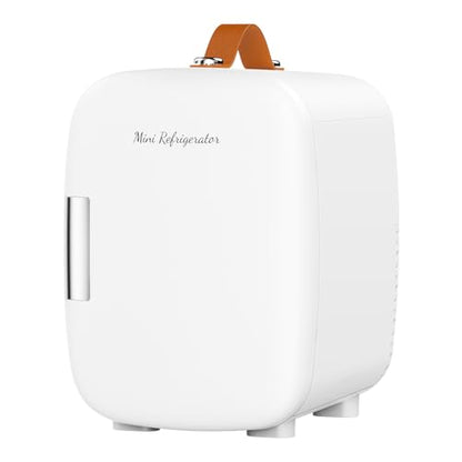 DUMOS Mini Fridge for Bedroom, 4L Compact Personal Fridge Cooler For Skincare, Drinks, And Snacks, Fits 6 Cans, Mini Refrigerator with 110V Ac/12V Dc, Ideal For Car, Dorm, White