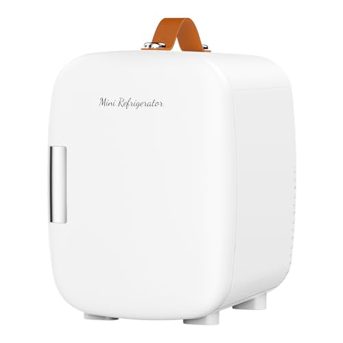 DUMOS Mini Fridge for Bedroom, 4L Compact Personal Fridge Cooler For Skincare, Drinks, And Snacks, Fits 6 Cans, Mini Refrigerator with 110V Ac/12V Dc, Ideal For Car, Dorm, White