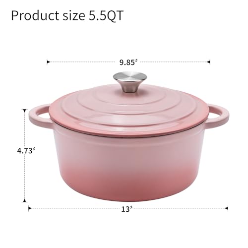 WOKINS Enameled Cast Iron Dutch Oven - 5.5QT Pot with Lid,Oven Safe to 500°F,Heavy-Duty Cookware for Sourdough Bread Baking,Braising,Stews,Roasting Pink