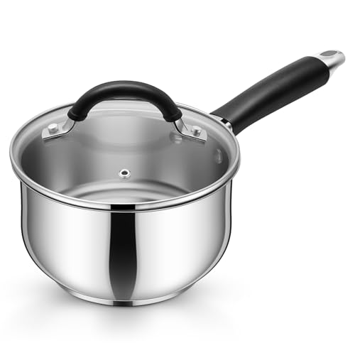 P&P CHEF 2 Quart Sauce Pan with Lid, Stainless Steel Saucepan, Small Milk Pot for Multipurpose Cooking, Visible Glass Lid & Stay-cool Silicone Handle & Tri-Ply Base, For All Stoves & Dishwasher Use