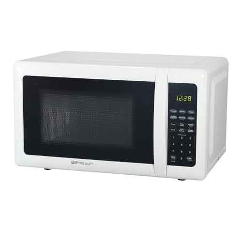 Emerson MW7302W Compact Countertop Microwave Oven with Touch Control, LED Display, 700W, 10 Power Levels, 6 Auto Menus, Glass Turntable and Child Safe Lock, 0.7 Cu., Ft. White