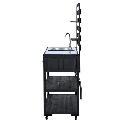 Merax Outdoor Rolling Kitchen Island with Sink, 41.7" Solid Wood Patio Cart Stainless Steel Top, Garden Potting Bench Table on Wheels, BBQ Prep Station with Shelves & Bottle Opener, Black