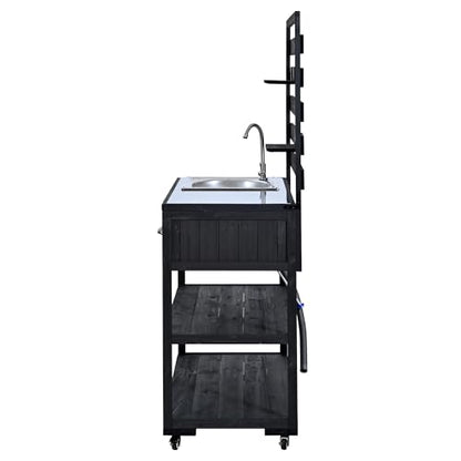 Merax Outdoor Rolling Kitchen Island with Sink, 41.7" Solid Wood Patio Cart Stainless Steel Top, Garden Potting Bench Table on Wheels, BBQ Prep Station with Shelves & Bottle Opener, Black