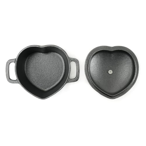 HAWOK Pre-seasoned Cast lron Mini Dutch Oven, 8.8oz. with Wooden Underliner, Heart Shaped, Set of 2, Black