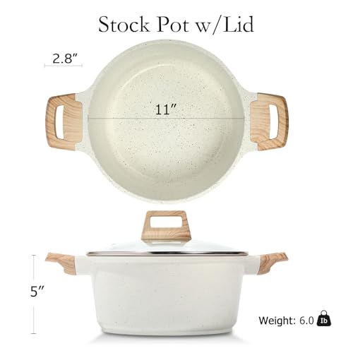 ESLITE LIFE Nonstick Stock Pot with Lid, 7 Quart Granite Casserole Large Soup Pot Pasta Cooking Pot, Induction Compatible, PTFE & PFOA Free, White