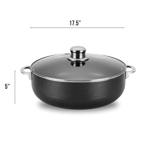 Alpine Cuisine 13-Quart Nonstick Aluminum Caldero Pot with Glass Lid & Riveted Handle | Heavy-Duty Cookware for Large Servings of Stew & Rice | Easy Clean, Black