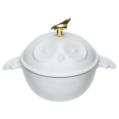 Flavehc Mini Cocotte 16 oz Owl Shaped Mini Dutch Oven 0.5 qt Cast Iron Garlic Roaster for Oven Garlic Confit Pot Ramekins with Lids Oven Safe, White