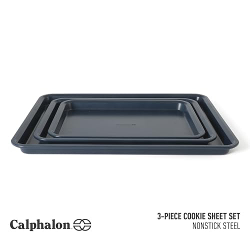 Calphalon Legacy 3-Piece Cookie Sheet Set, Cookie Baking Sheet, Metal Baking Sheet, 3 Pieces Nonstick Baking Sheets 18 15 13 Inch, Navy Blue, PFOA-Free for Even Baking, Oven Safe for Baking