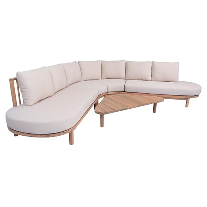 Merax 5 Piece Patio Outdoor Furniture Set, All Weather 118" Half Moon Sectional Sofa with Acacia Wood Frame & Waterproof Cushions,1 Coffee Table for Garden,Lawn,Backyard,Poolside,Beige+Light Teak