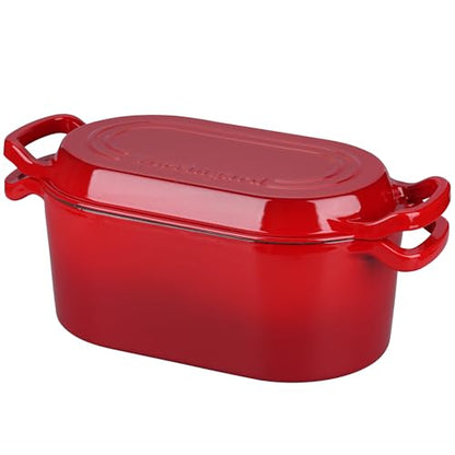 VORRINGARD Oval Dutch Oven Pot with Lid, Enamel Coating Cast Iron Bread Pans for Homemade Sourdough Bread Baking, Cooking, 4 Quart, Red