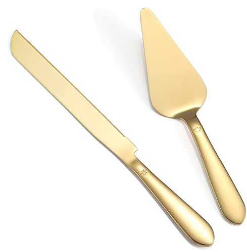 Eisinly Cake Cutting Set for Wedding, Elegant Cake Knife and Server Set with Thickened Stainless Steel Rounded Edges, Cake Cutter Pie Spatula for Birthday Anniversary, 2 Pcs, Gold