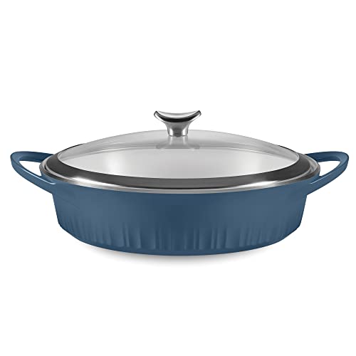 CorningWare QuickHeat 4-QT Cast Aluminum Braiser With Lid, Nonstick Ceramic Interior, Lightweight and Fast Even Heat Baking & Cooking, For Meats, Soup, Browning, Searing, French Navy