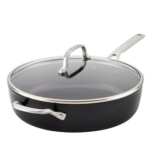KitchenAid Hard Anodized Induction Nonstick Cookware Saute Pan/Jumbo Cooker with Lid and Helper Handle, Dishwasher Safe, 5 Quart Non Stick Sauteuse with Stainless Steel Handles - Matte Black