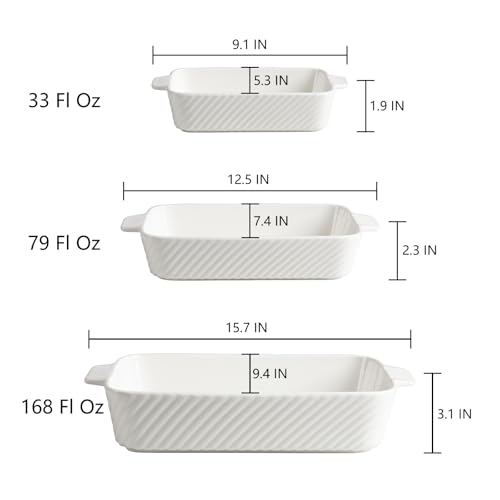 Sweejar Ceramic Baking Dish Set, Cake Baking Dish for Brownie, Porcelain Striped Casserole Dishes for Oven with Handle for Lasagna, Family Dinner(Beige)