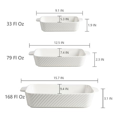Sweejar Ceramic Baking Dish Set, Cake Baking Dish for Brownie, Porcelain Striped Casserole Dishes for Oven with Handle for Lasagna, Family Dinner(White)