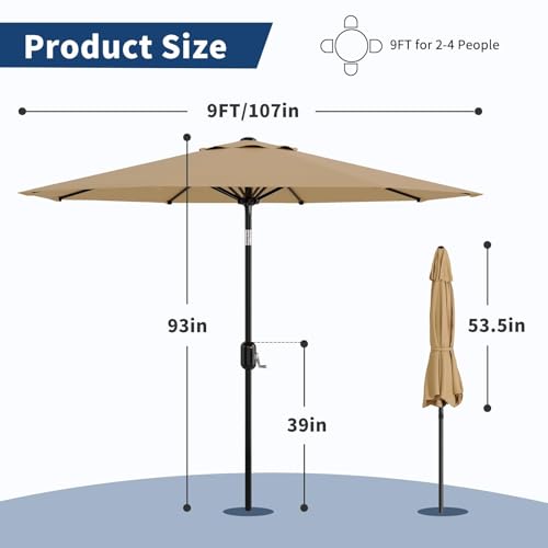 Garvee 9FT Patio Umbrella - Outdoor Table Umbrella with Crank Lift & Push Button Tilt - Market Umbrella 8 Sturdy Ribs UV Protection for Pool, Deck, Yard, Garden, Tan