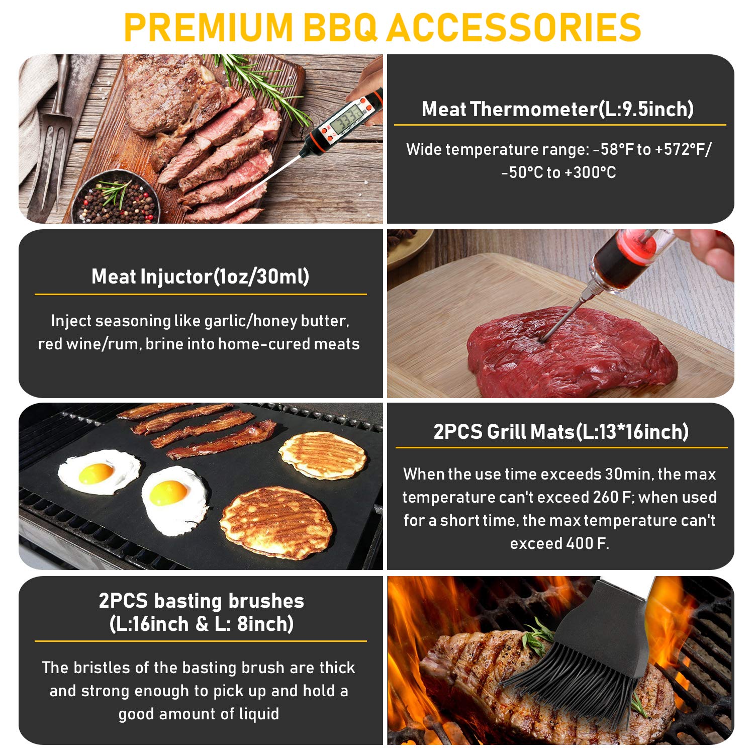 34Pcs Grill Accessories Grilling Gifts for Men, 16 Inches Heavy Duty BBQ Accessories, Stainless Steel BBQ Tools with Thermometer, Grill Mats for Backyard, BBQ Gifts Set for Men Women - CookCave