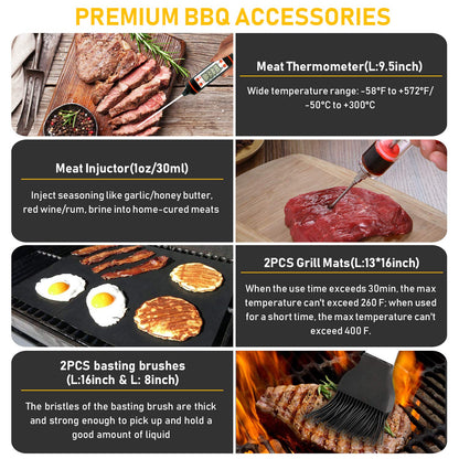 34Pcs Grill Accessories Grilling Gifts for Men, 16 Inches Heavy Duty BBQ Accessories, Stainless Steel BBQ Tools with Thermometer, Grill Mats for Backyard, BBQ Gifts Set for Men Women - CookCave