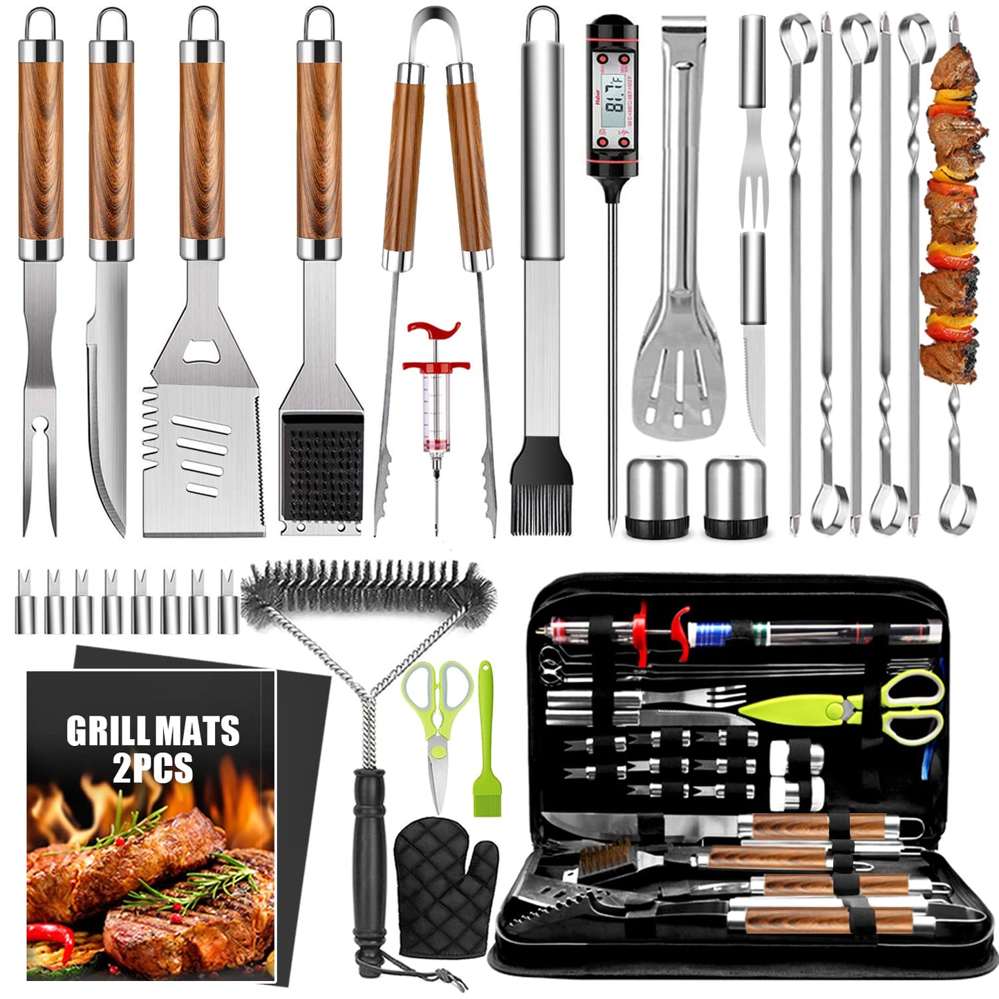 34Pcs Grill Accessories Grilling Gifts for Men, 16 Inches Heavy Duty BBQ Accessories, Stainless Steel BBQ Tools with Thermometer, Grill Mats for Backyard, BBQ Gifts Set for Men Women - CookCave
