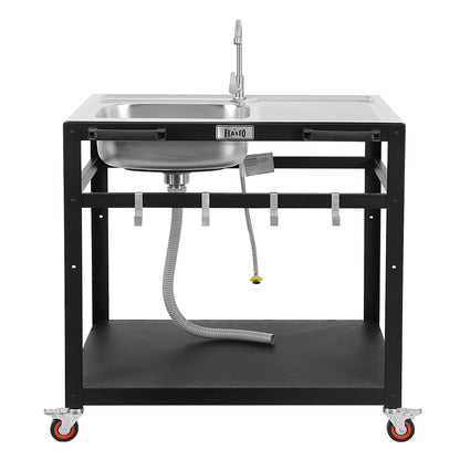 35” Outdoor Grill Cart with Sink, Outdoor Kitchen Sink Station with Hose Hook Up, Free Standing Sink with Wheels, 304 Stainless Steel Sink with Single Bowl, Outdoor Utility Sink with Faucet - CookCave