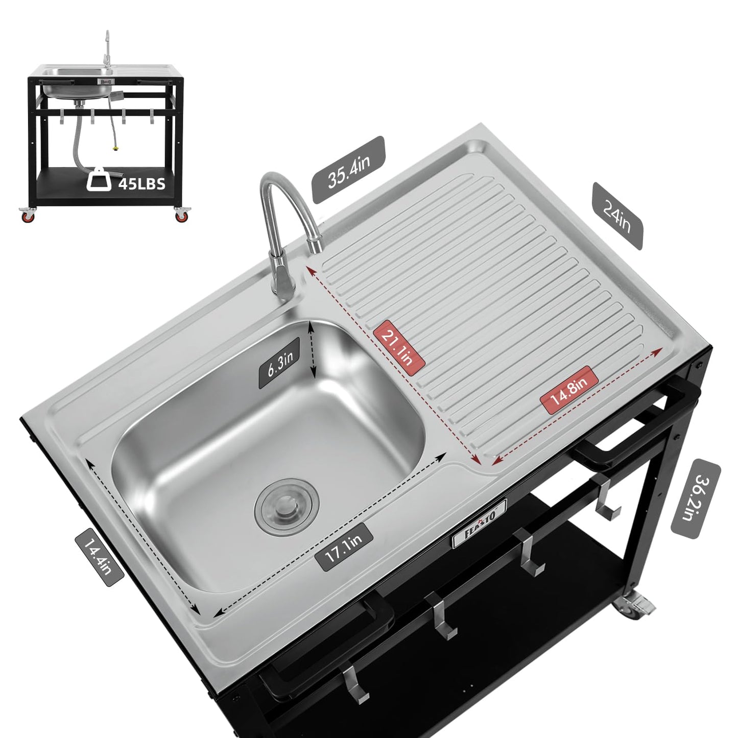 35” Outdoor Grill Cart with Sink, Outdoor Kitchen Sink Station with Hose Hook Up, Free Standing Sink with Wheels, 304 Stainless Steel Sink with Single Bowl, Outdoor Utility Sink with Faucet - CookCave