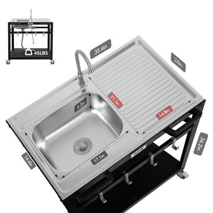 35” Outdoor Grill Cart with Sink, Outdoor Kitchen Sink Station with Hose Hook Up, Free Standing Sink with Wheels, 304 Stainless Steel Sink with Single Bowl, Outdoor Utility Sink with Faucet - CookCave