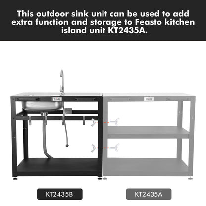 35” Outdoor Grill Cart with Sink, Outdoor Kitchen Sink Station with Hose Hook Up, Free Standing Sink with Wheels, 304 Stainless Steel Sink with Single Bowl, Outdoor Utility Sink with Faucet - CookCave