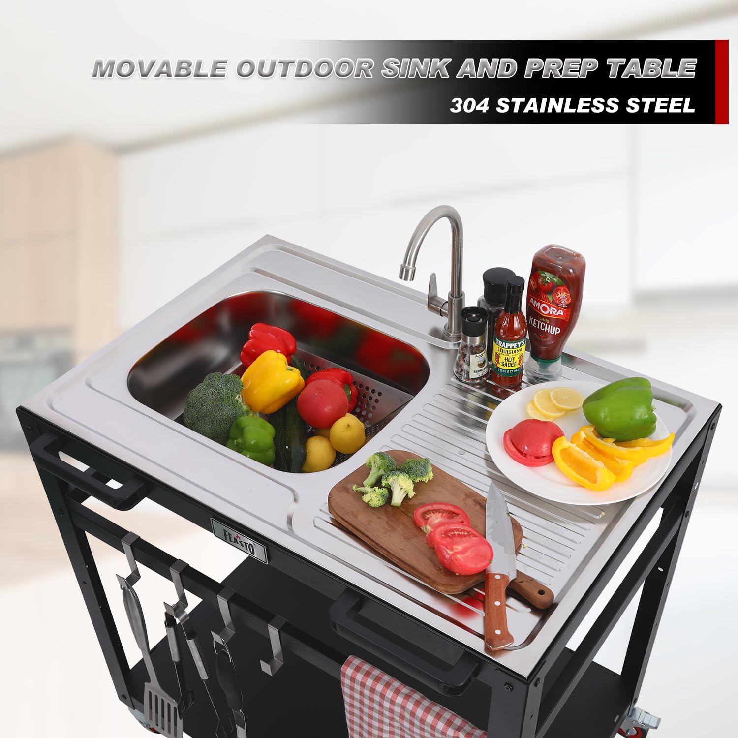 35” Outdoor Grill Cart with Sink, Outdoor Kitchen Sink Station with Hose Hook Up, Free Standing Sink with Wheels, 304 Stainless Steel Sink with Single Bowl, Outdoor Utility Sink with Faucet - CookCave