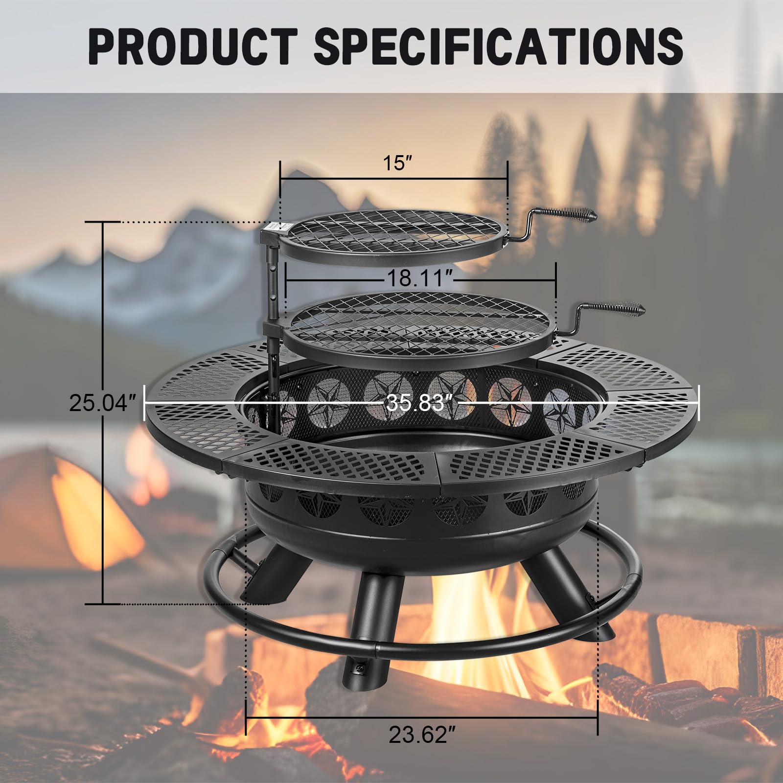 36 Inch Fire Pit with 2 Cooking Grills,Outdoor Wood Burning BBQ Firepit with Lid, 3-in-1 Outdoor Fire Pit for Backyard Deck Bonfire Patio Picnic - CookCave
