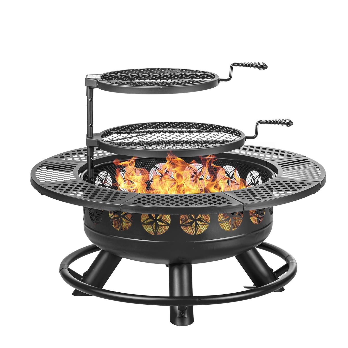 36 Inch Fire Pit with 2 Cooking Grills,Outdoor Wood Burning BBQ Firepit with Lid, 3-in-1 Outdoor Fire Pit for Backyard Deck Bonfire Patio Picnic - CookCave