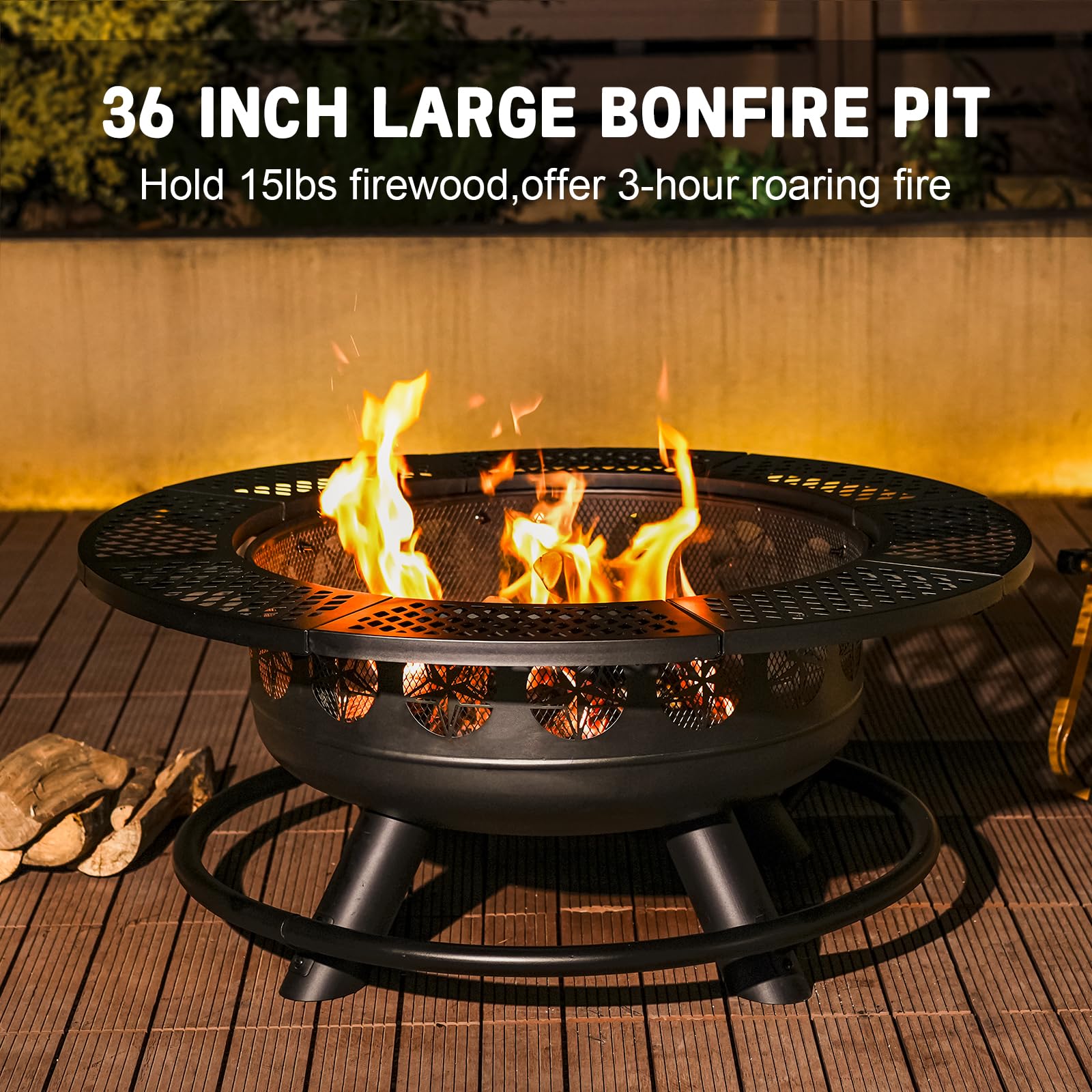 36 Inch Fire Pit with 2 Cooking Grills,Outdoor Wood Burning BBQ Firepit with Lid, 3-in-1 Outdoor Fire Pit for Backyard Deck Bonfire Patio Picnic - CookCave
