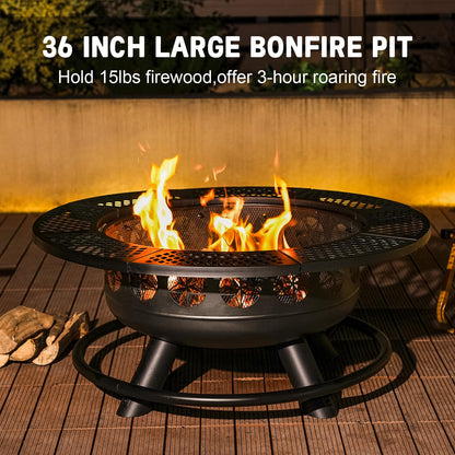 36 Inch Fire Pit with 2 Cooking Grills,Outdoor Wood Burning BBQ Firepit with Lid, 3-in-1 Outdoor Fire Pit for Backyard Deck Bonfire Patio Picnic - CookCave