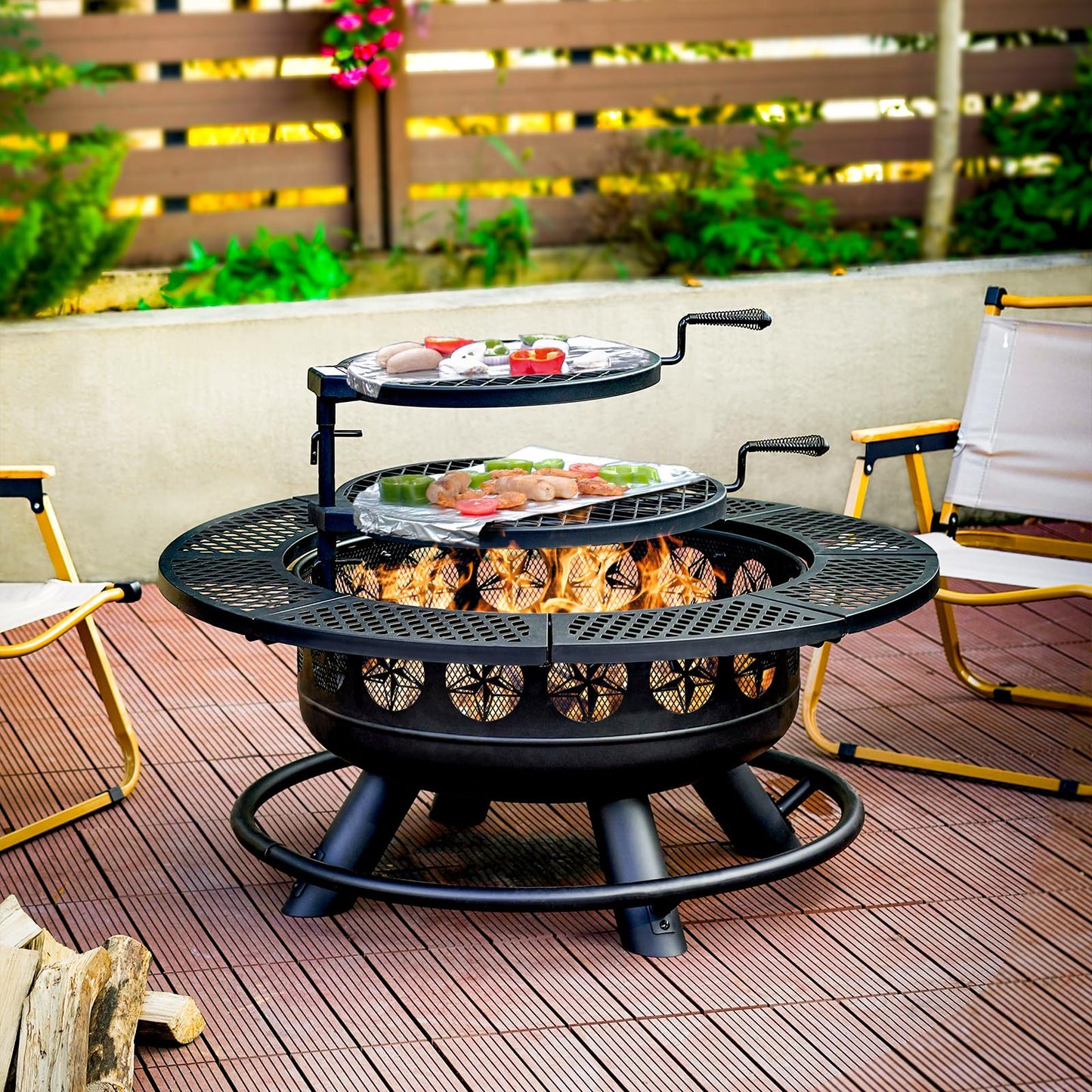 36 Inch Fire Pit with 2 Cooking Grills,Outdoor Wood Burning BBQ Firepit with Lid, 3-in-1 Outdoor Fire Pit for Backyard Deck Bonfire Patio Picnic - CookCave
