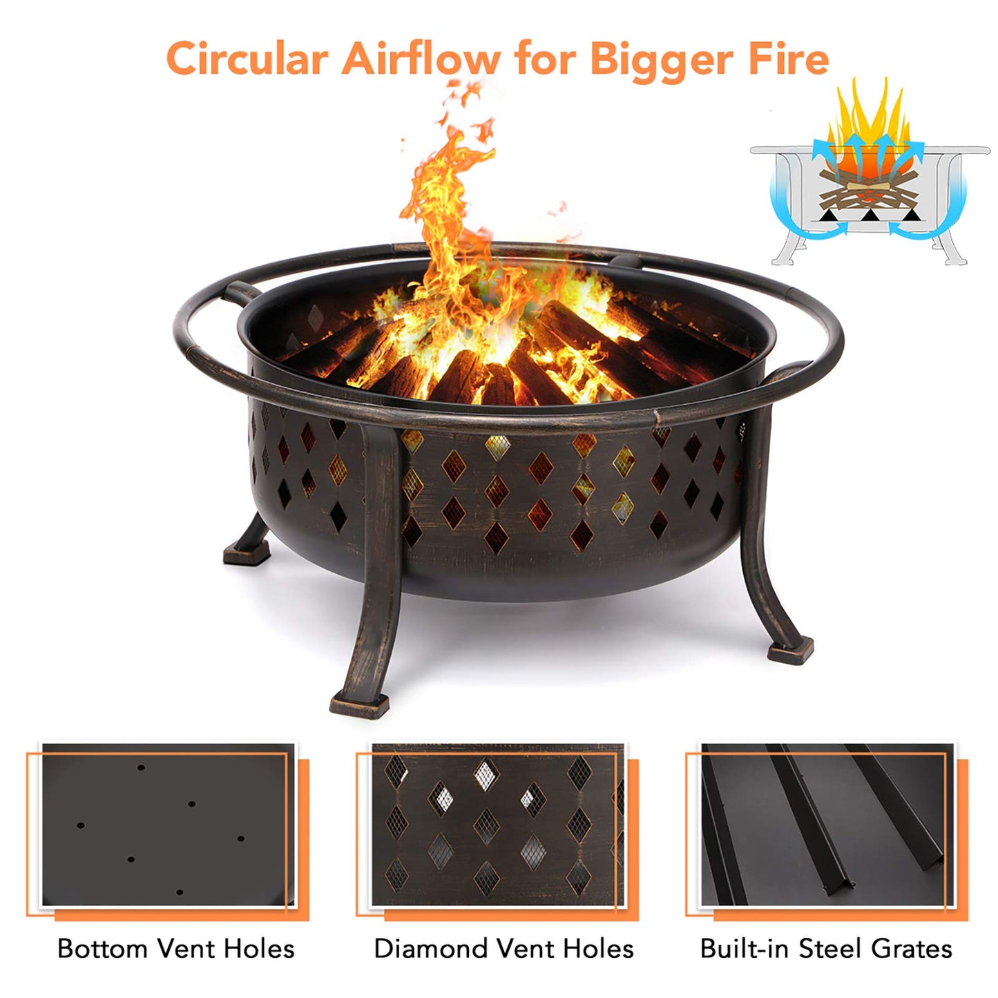 36 Inch Fire Pits for Outside Outdoor Wood Burning Firepit with BBQ Grate Large Heavy Duty Steel Firepit Bowl Bonfire Pit for Patio Backyard Garden Camping - CookCave