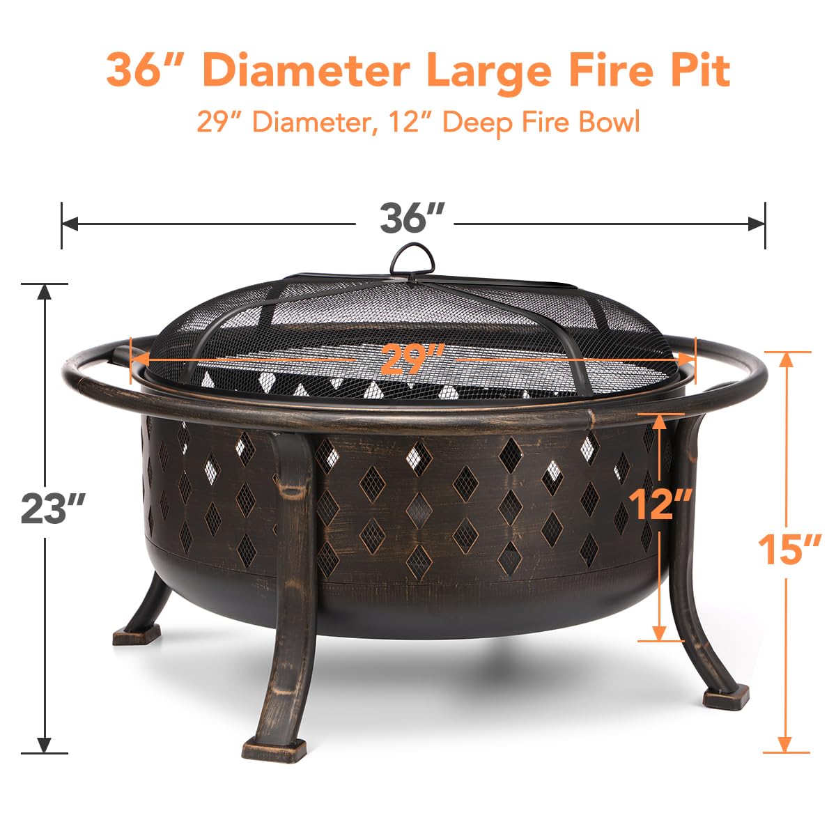36 Inch Fire Pits for Outside Outdoor Wood Burning Firepit with BBQ Grate Large Heavy Duty Steel Firepit Bowl Bonfire Pit for Patio Backyard Garden Camping - CookCave