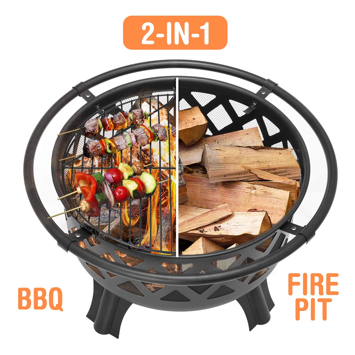 36 Inch Fire Pits for Outside Outdoor Wood Burning Firepit with BBQ Grate Large Heavy Duty Steel Firepit Bowl Bonfire Pit for Patio Backyard Garden Camping - CookCave