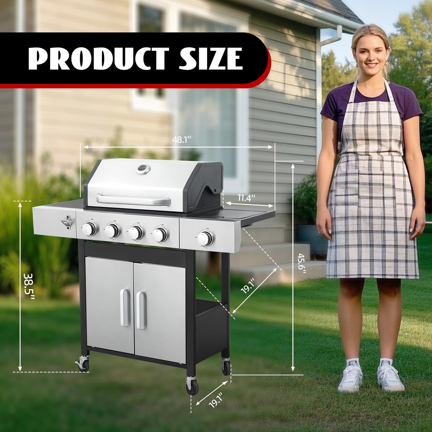 4-Burner Propane Gas Grill with Side Burner, 46,000 BTU Outdoor BBQ Grill with Porcelain-Enameled Cast Iron Grates and Griddle Pan, Built-in Thermometer Stainless Steel Grill for Outdoor Cooking - CookCave