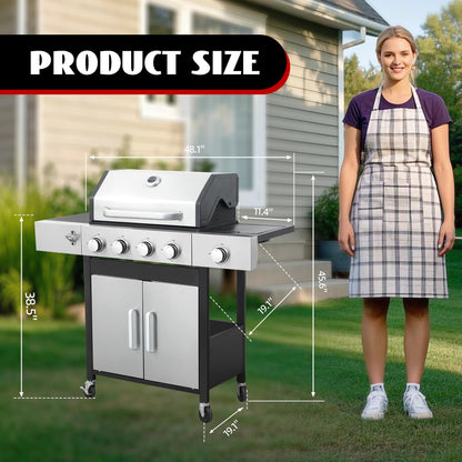 4-Burner Propane Gas Grill with Side Burner, 46,000 BTU Outdoor BBQ Grill with Porcelain-Enameled Cast Iron Grates and Griddle Pan, Built-in Thermometer Stainless Steel Grill for Outdoor Cooking - CookCave