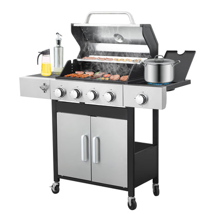 4-Burner Propane Gas Grill with Side Burner, 46,000 BTU Outdoor BBQ Grill with Porcelain-Enameled Cast Iron Grates and Griddle Pan, Built-in Thermometer Stainless Steel Grill for Outdoor Cooking - CookCave