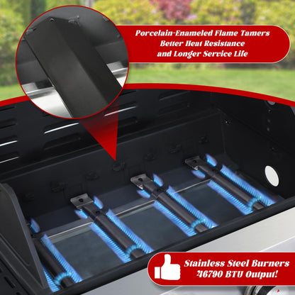 4-Burner Propane Gas Grill with Side Burner, 46,000 BTU Outdoor BBQ Grill with Porcelain-Enameled Cast Iron Grates and Griddle Pan, Built-in Thermometer Stainless Steel Grill for Outdoor Cooking - CookCave