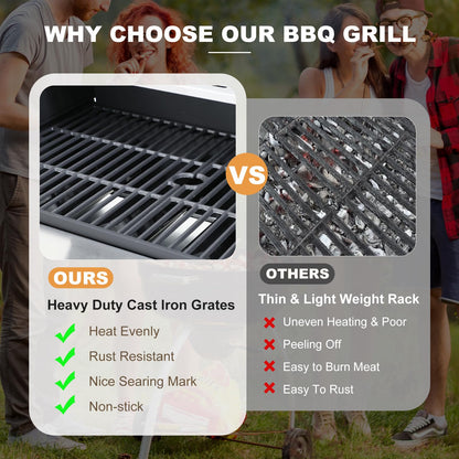 4-Burner Propane Gas Grill with Side Burner, 46,000 BTU Outdoor BBQ Grill with Porcelain-Enameled Cast Iron Grates and Griddle Pan, Built-in Thermometer Stainless Steel Grill for Outdoor Cooking - CookCave