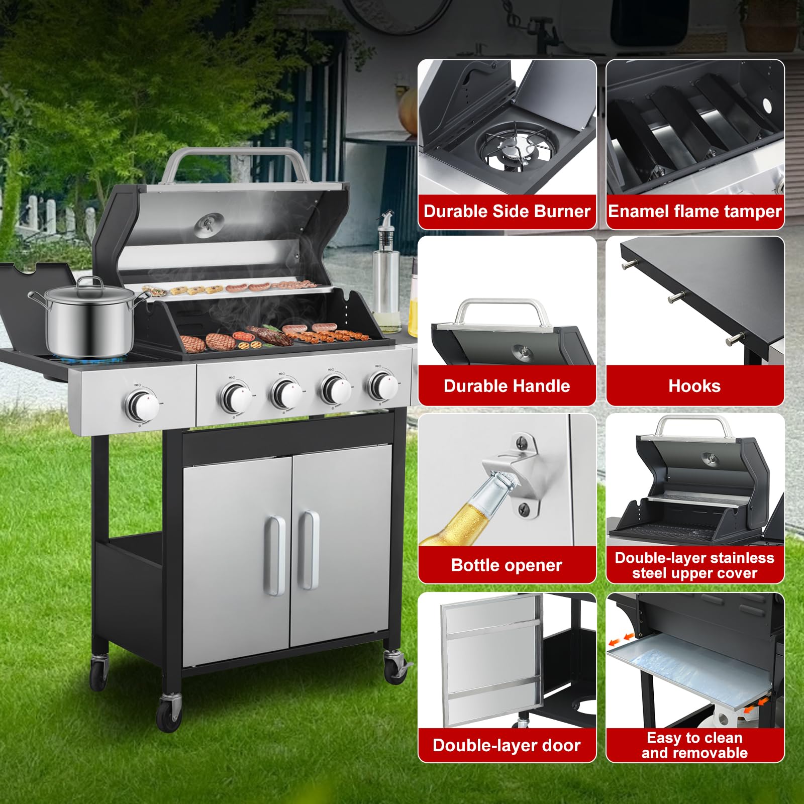 4-Burner Propane Gas Grill with Side Burner, 46,000 BTU Outdoor BBQ Grill with Porcelain-Enameled Cast Iron Grates and Griddle Pan, Built-in Thermometer Stainless Steel Grill for Outdoor Cooking - CookCave
