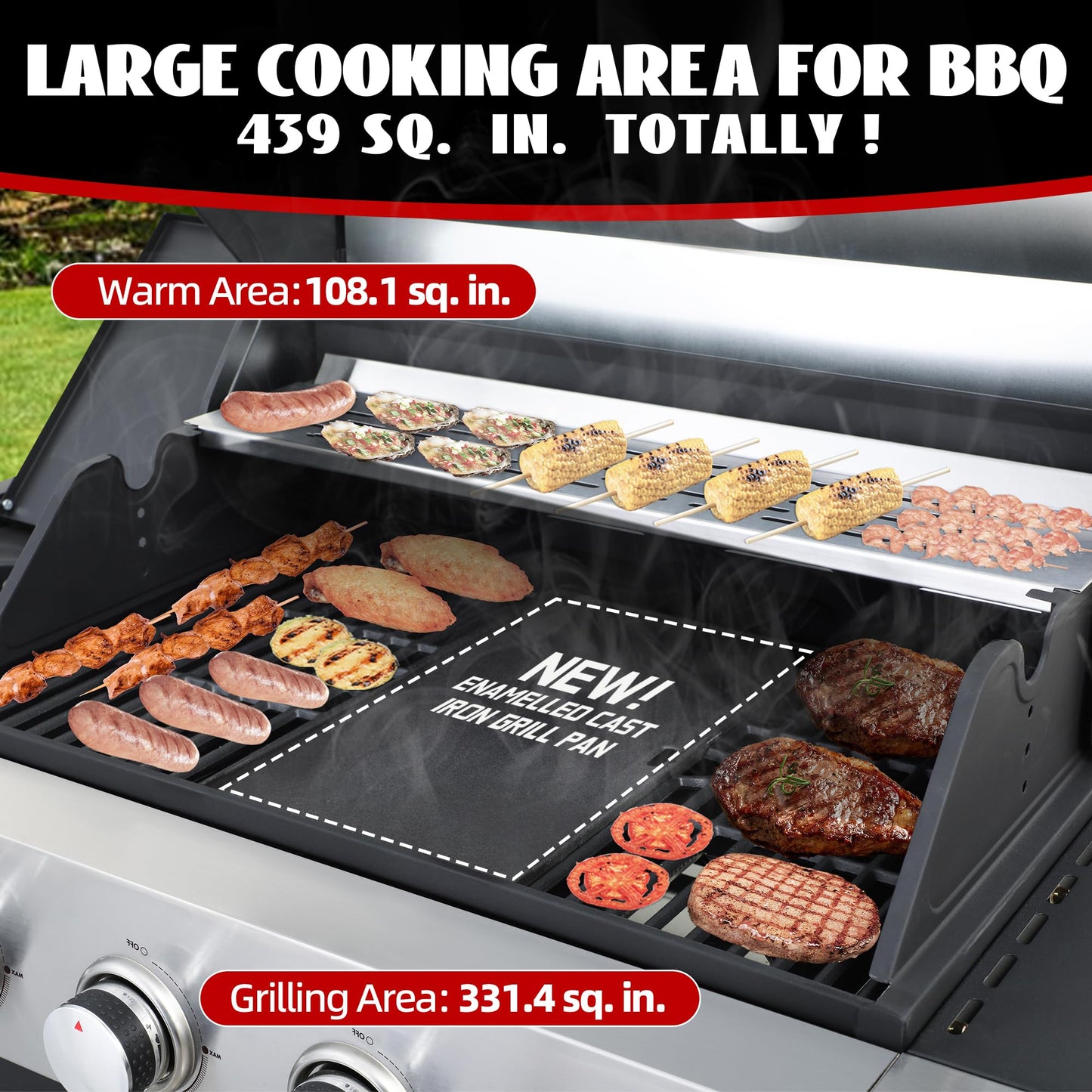 4-Burner Propane Gas Grill with Side Burner, 46,000 BTU Outdoor BBQ Grill with Porcelain-Enameled Cast Iron Grates and Griddle Pan, Built-in Thermometer Stainless Steel Grill for Outdoor Cooking - CookCave