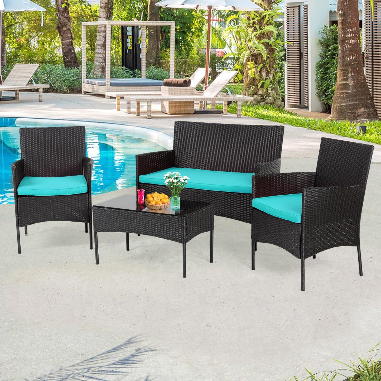 4 Pieces Conversation Set Modular Outdoor Furniture Set Water Resistant Patio Wicker Furniture Set with 3 Rattan Chairs 1 Tempered Glass Topped Table Seat Cushions for Patio Balcony Poolside, Blue - CookCave