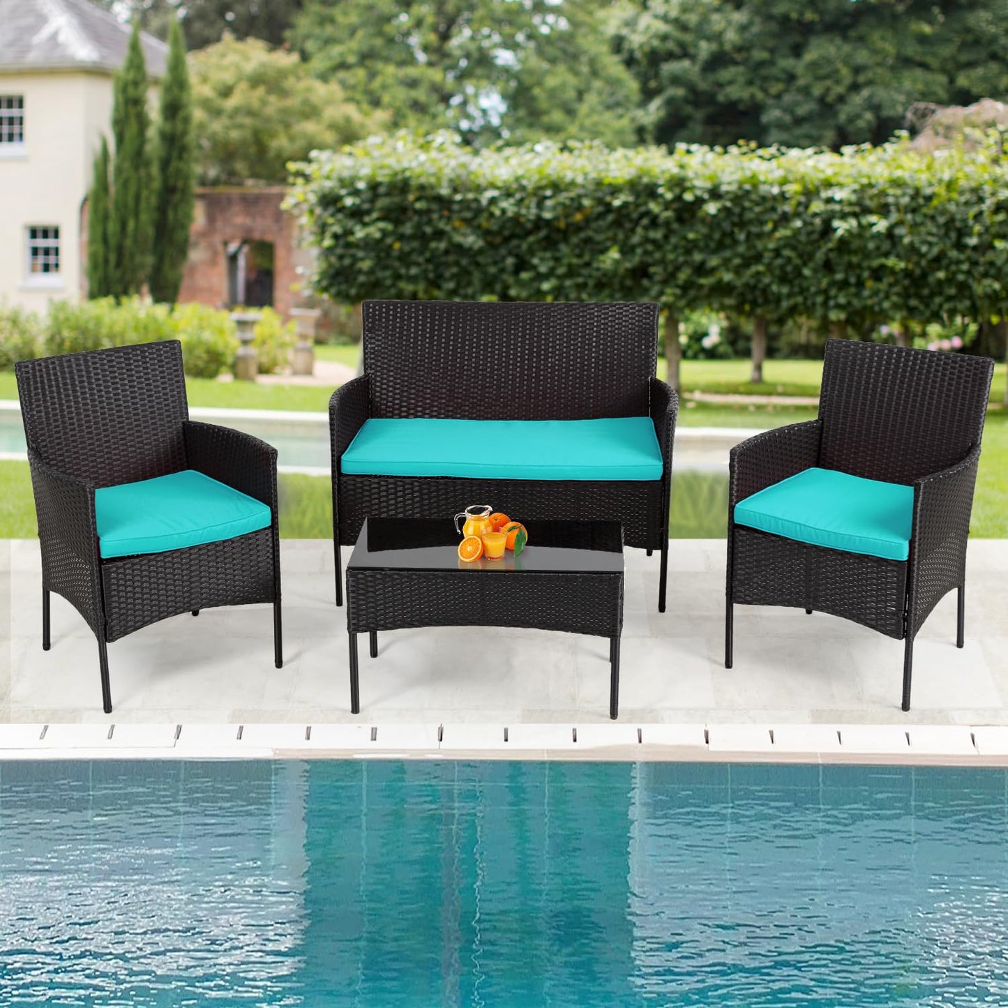 4 Pieces Conversation Set Modular Outdoor Furniture Set Water Resistant Patio Wicker Furniture Set with 3 Rattan Chairs 1 Tempered Glass Topped Table Seat Cushions for Patio Balcony Poolside, Blue - CookCave