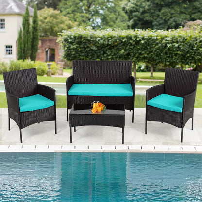 4 Pieces Conversation Set Modular Outdoor Furniture Set Water Resistant Patio Wicker Furniture Set with 3 Rattan Chairs 1 Tempered Glass Topped Table Seat Cushions for Patio Balcony Poolside, Blue - CookCave