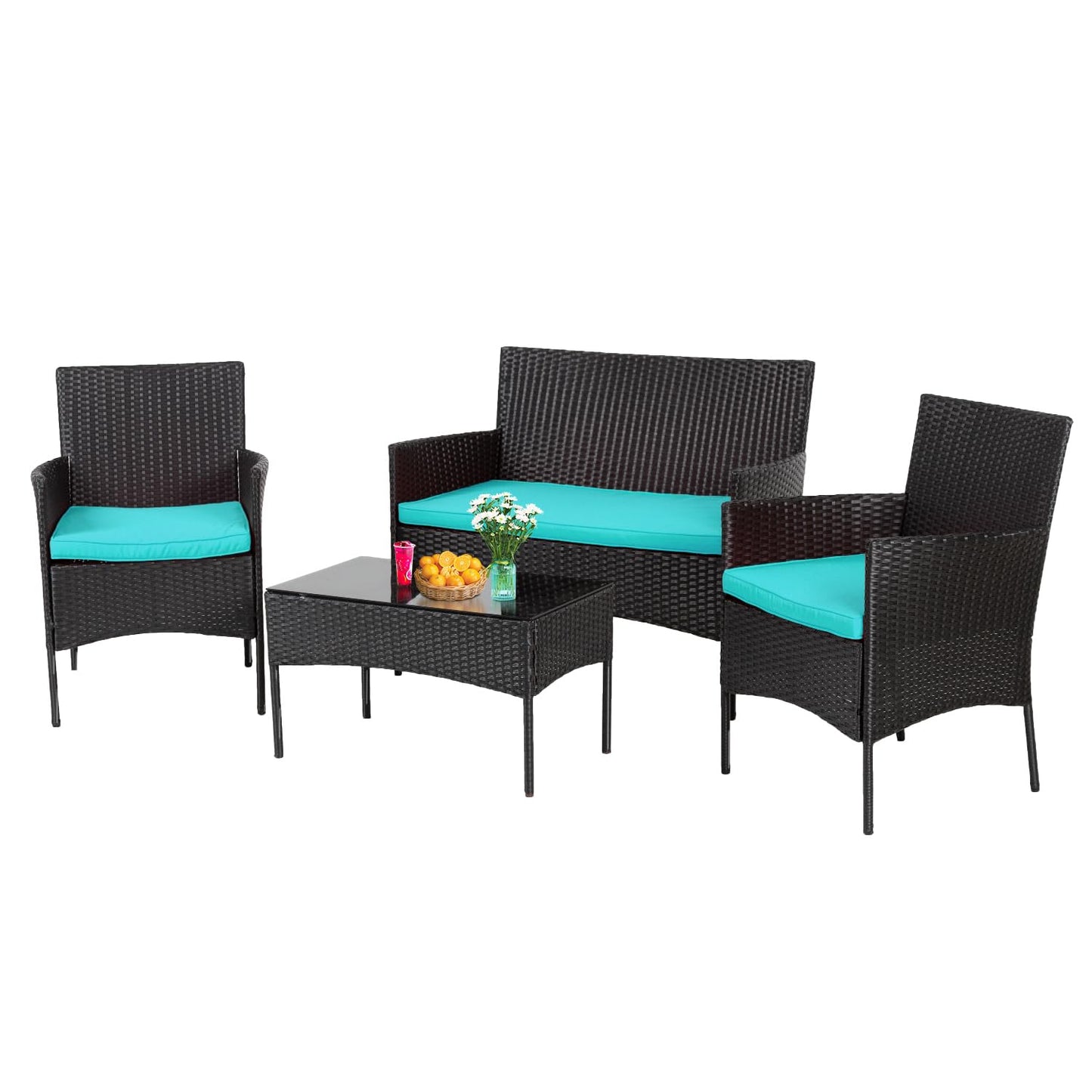 4 Pieces Conversation Set Modular Outdoor Furniture Set Water Resistant Patio Wicker Furniture Set with 3 Rattan Chairs 1 Tempered Glass Topped Table Seat Cushions for Patio Balcony Poolside, Blue - CookCave