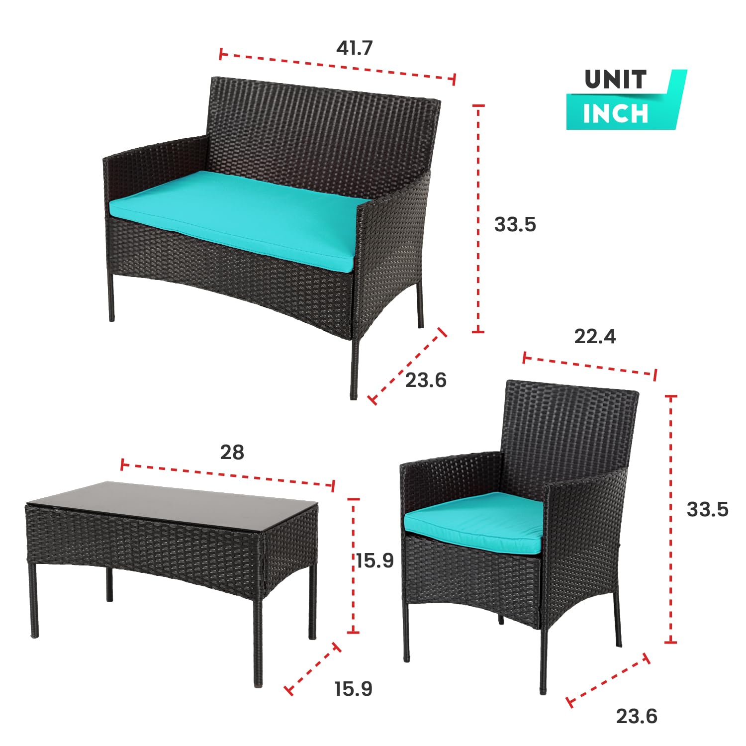 4 Pieces Conversation Set Modular Outdoor Furniture Set Water Resistant Patio Wicker Furniture Set with 3 Rattan Chairs 1 Tempered Glass Topped Table Seat Cushions for Patio Balcony Poolside, Blue - CookCave