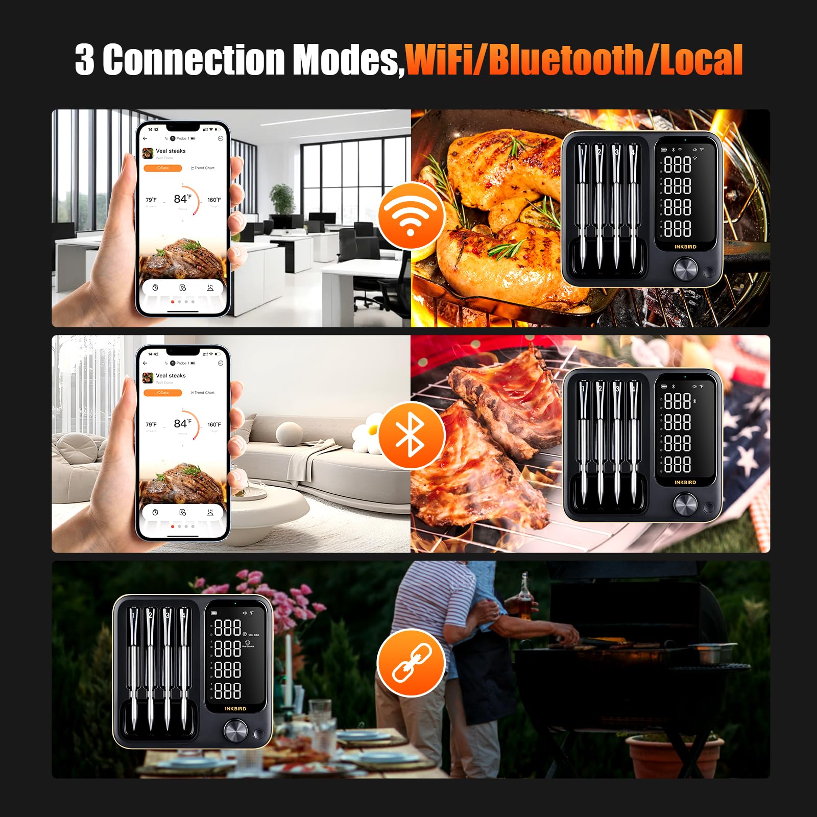 4-Probe WiFi Wireless Meat Thermometer with 360°Readable LCD Standalone Base, WiFi and Bluetooth 5.3 Unlimited Range, IPX8 Waterproof Food Kitchen Thermoemter for BBQ, Grill, Smoker, Oven, Rotisserie - CookCave