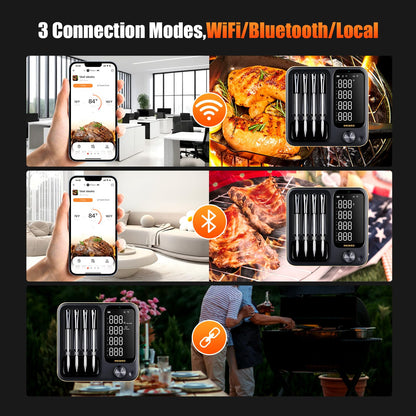 4-Probe WiFi Wireless Meat Thermometer with 360°Readable LCD Standalone Base, WiFi and Bluetooth 5.3 Unlimited Range, IPX8 Waterproof Food Kitchen Thermoemter for BBQ, Grill, Smoker, Oven, Rotisserie - CookCave